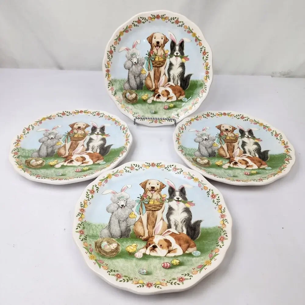 Pier 1 Imports Ironstone Set of 4 Easter Parade Bunny Ear Dogs Plate 8.7